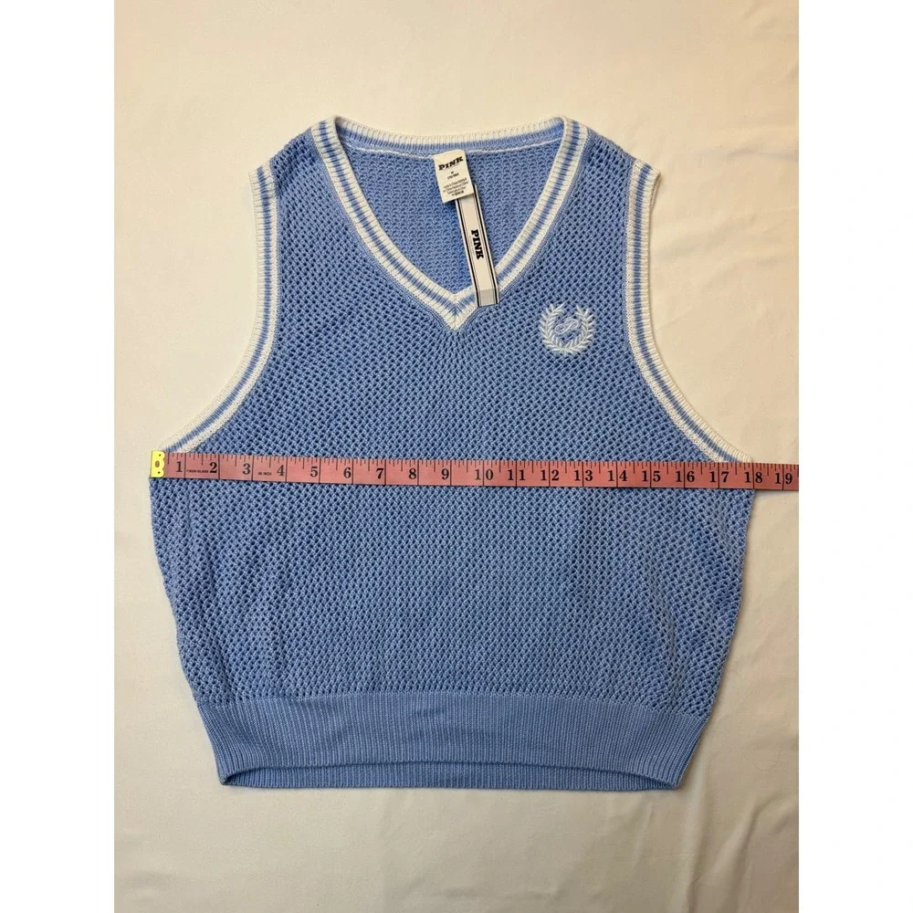 Victoria's Secret PINK Blue Open Knit V-Neck Sweater Vest Crest Logo NWT Medium - Picture 11 of 13